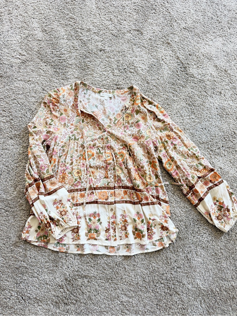 Floral Boho Peasant Blouse in Cream & Pink